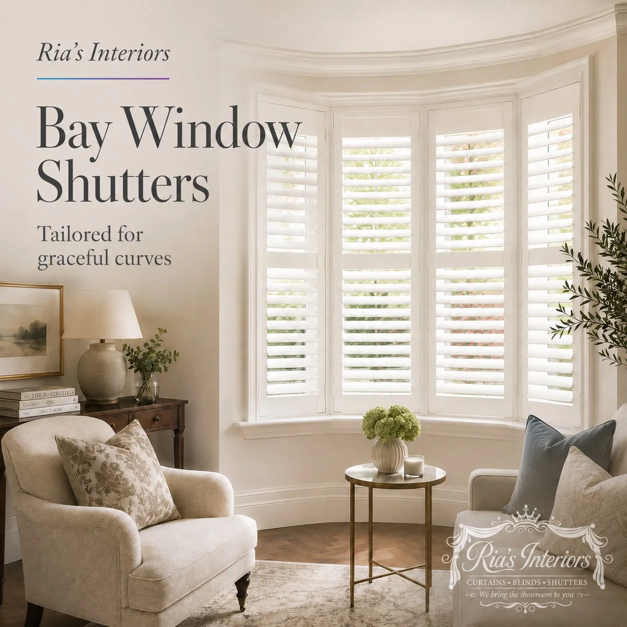 Bay window shutters fitted by Ria's Interiors