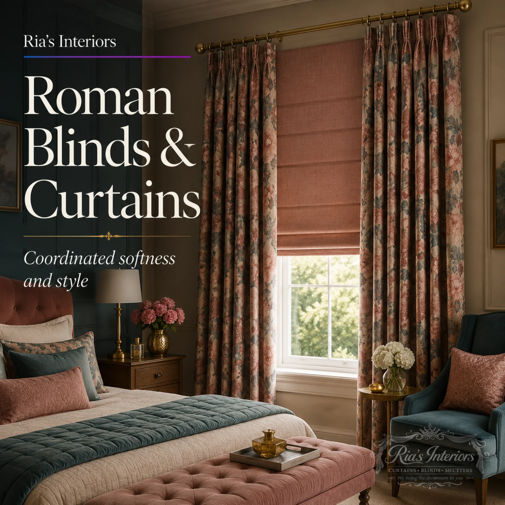 Roman blinds and curtains by Ria's Interiors