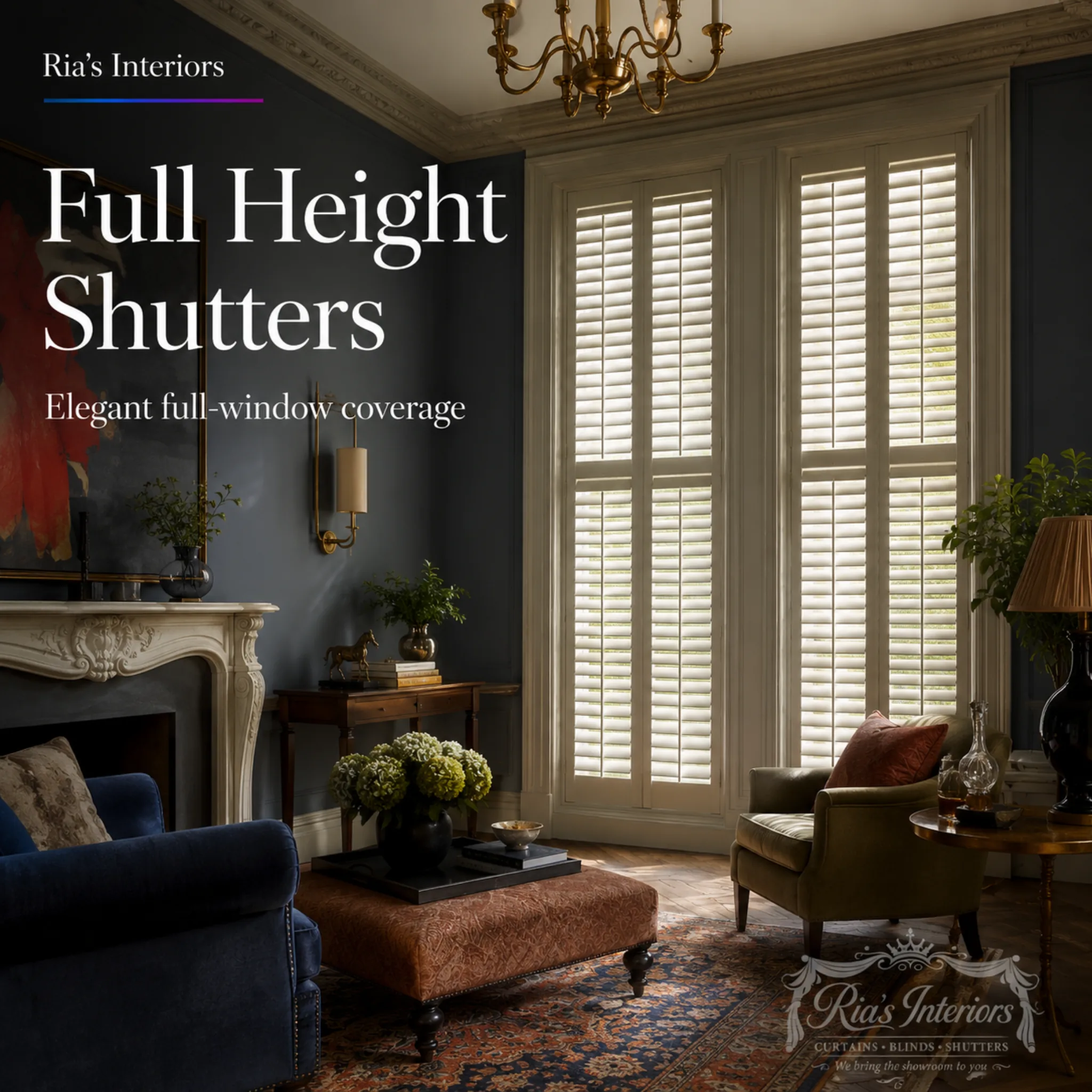 Full height plantation shutters fitted by Ria's Interiors