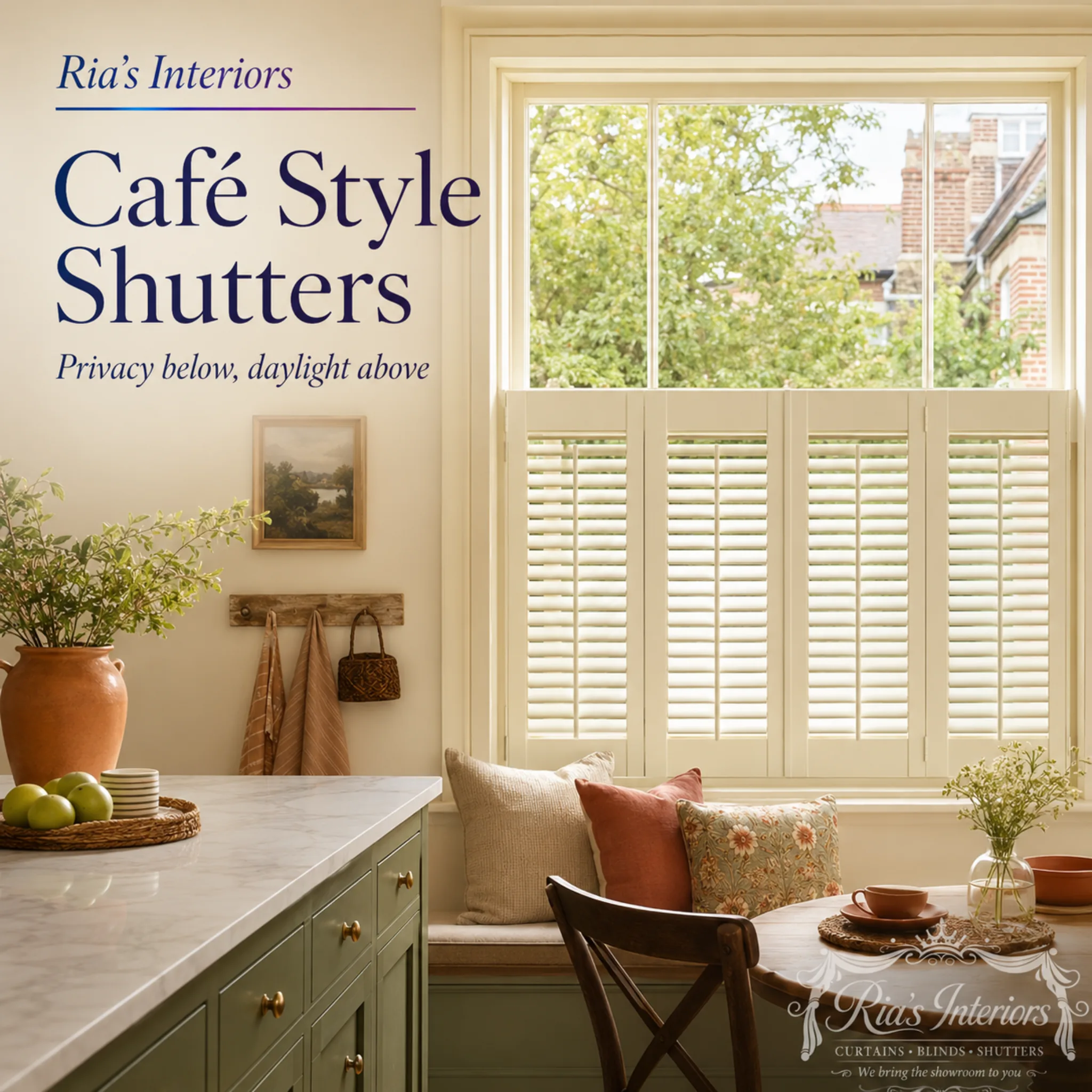 Cafe style shutters fitted by Ria's Interiors
